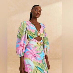 FARM Rio Pastel Pink, Blue & Green Tropical Cutout Dress